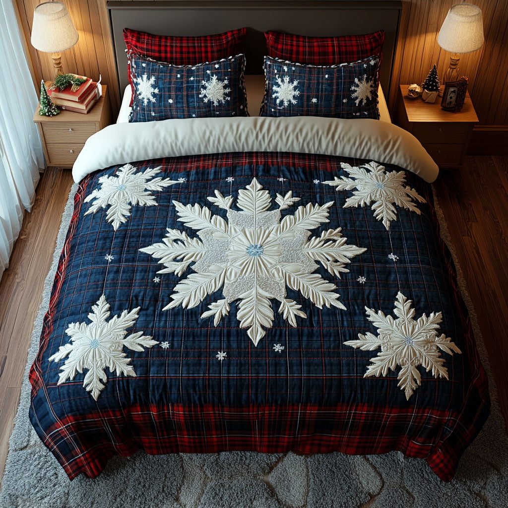 Snowflake Gift quilted 3-piece bedding set on a made bed in a winter-styled bedroom
