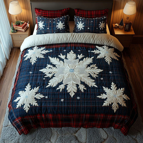 Snowflake Gift quilted 3-piece bedding set on a made bed in a winter-styled bedroom