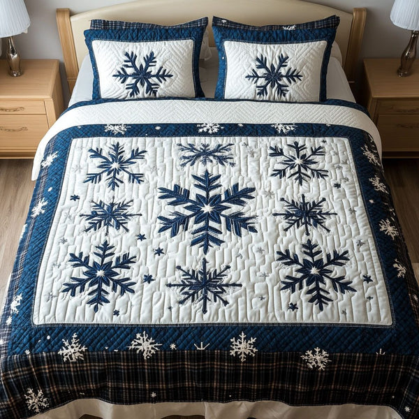 Snowflake Joyful Ride quilted 3-piece bedding set on a made bed in a winter-styled bedroom