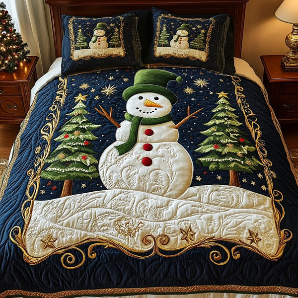 Snowflake Magic quilted 3-piece bedding set on a made bed in a winter-styled bedroom