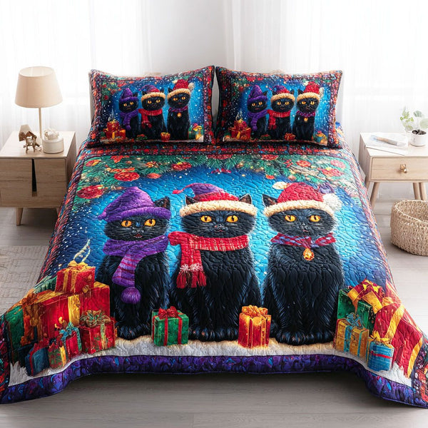 Snowflake Paws quilted 3-piece bedding set on a made bed in a winter-styled bedroom