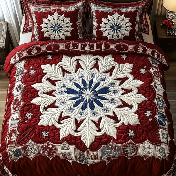 Snowflake quilted 3-piece bedding set on a made bed in a winter-styled bedroom