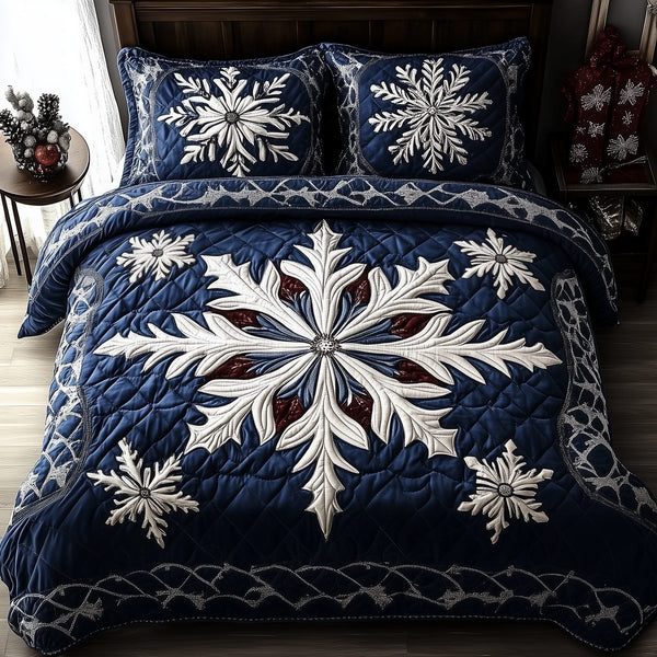 Snowflake quilted 3-piece bedding set on a made bed in a winter-styled bedroom