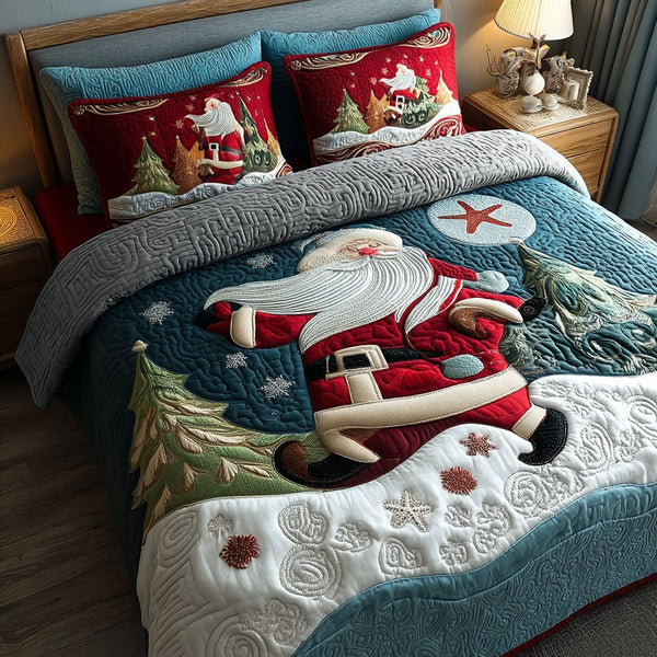 Snowflake Santa Magic quilted 3-piece bedding set on a made bed in a winter-styled bedroom