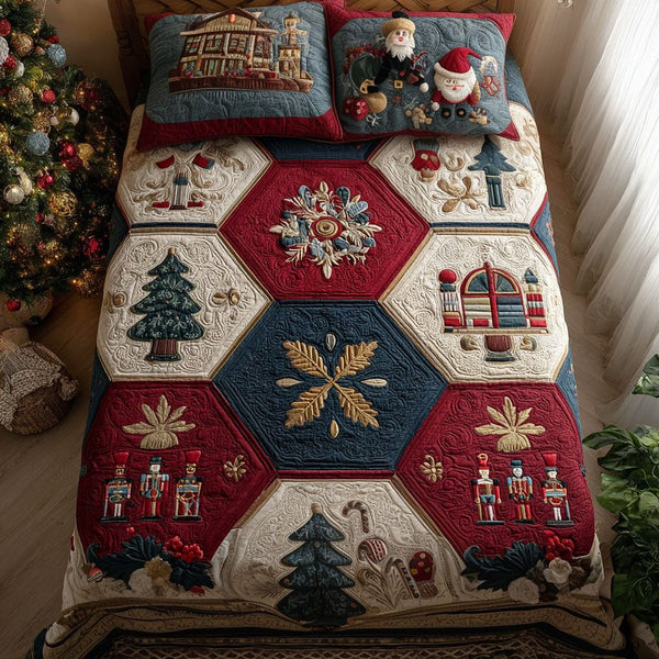 Snowflake Waltz quilted 3-piece bedding set on a made bed in a winter-styled bedroom