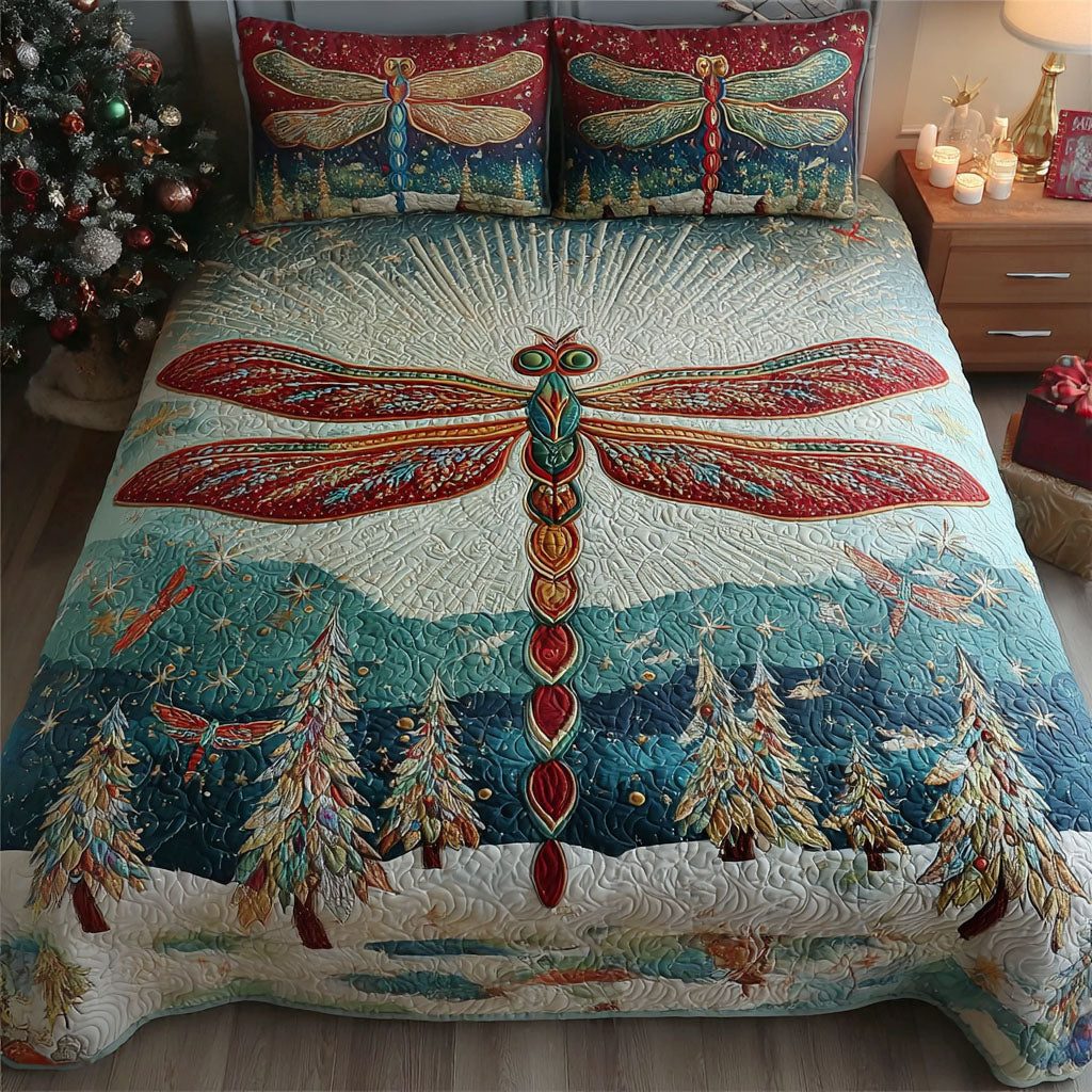 Snowflake Wings quilted 3-piece bedding set on a made bed in a winter-styled bedroom