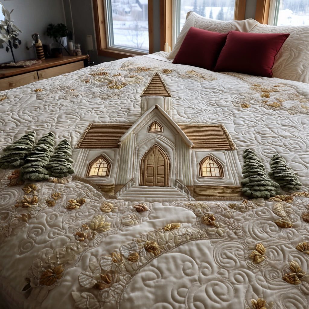 Snowland Dreams quilted 3-piece bedding set on a made bed with two matching pillow shams
