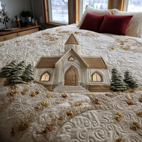 Snowland Dreams quilted 3-piece bedding set on a made bed with two matching pillow shams