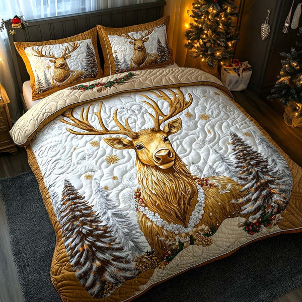Snowland Guardian quilted 3-piece bedding set on a made bed with two matching pillow shams