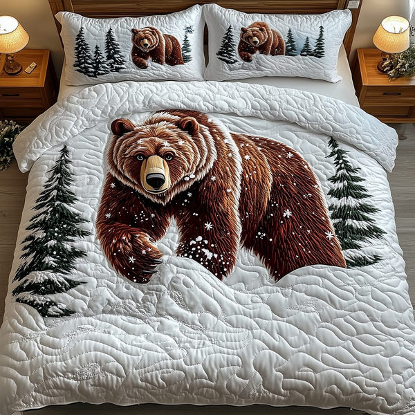 Snowland Majestic Bear quilted 3-piece bedding set on a made bed with two matching pillow shams