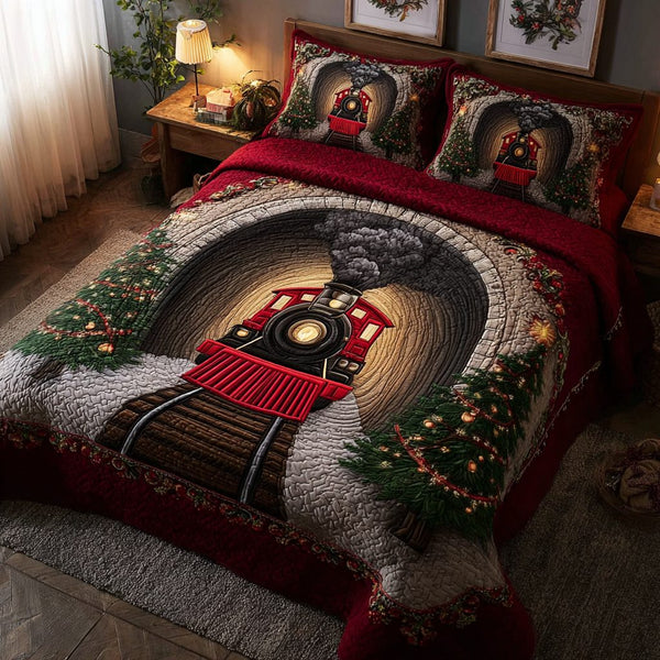 Snowland Ride quilted 3-piece bedding set on a made bed with two matching pillow shams