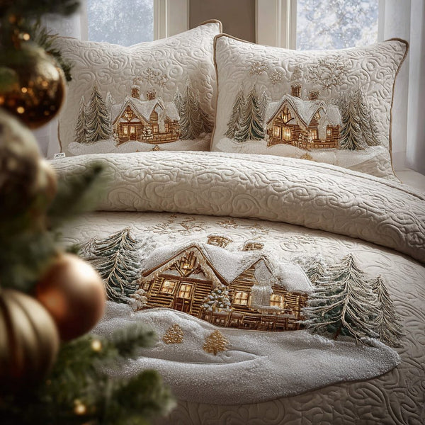 Snowlight Cabin quilted 3-piece bedding set on a made bed with two matching pillow shams