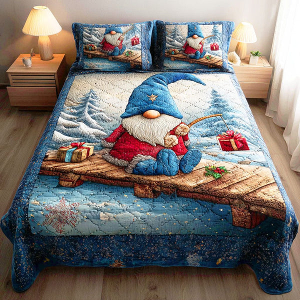 Snowlight Gnome Dreams quilted 3-piece bedding set on a made bed in a winter-styled bedroom