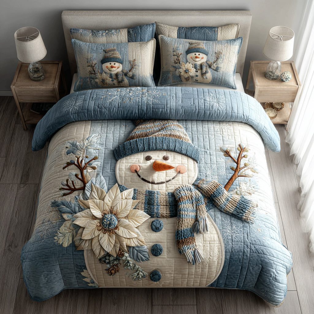 Snowman Blue quilted 3-piece bedding set on a made bed in a winter-styled bedroom