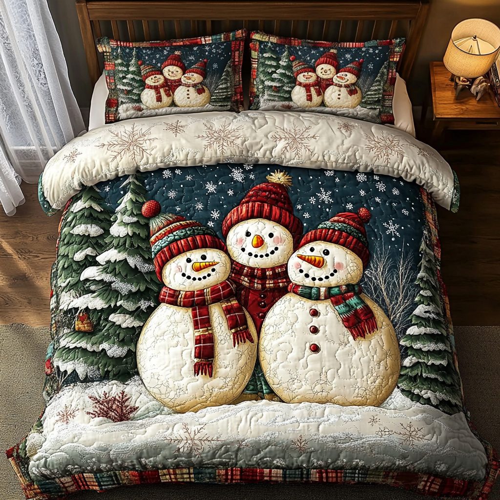 Snowman Charm quilted 3-piece bedding set on a made bed in a winter-styled bedroom