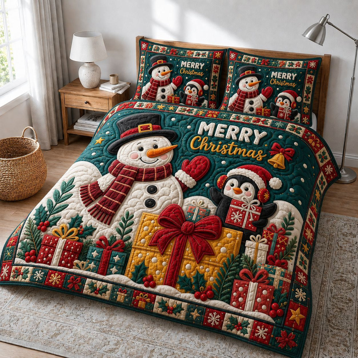 Snowman Cheer Holiday quilted 3-piece bedding set on a made bed in a winter-styled bedroom