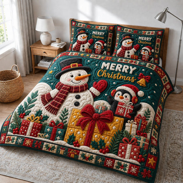 Snowman Cheer Holiday quilted 3-piece bedding set on a made bed in a winter-styled bedroom