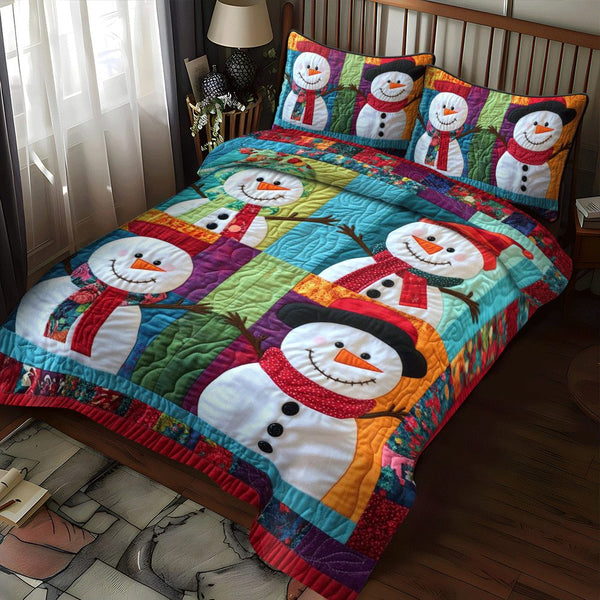 Snowman Christmas quilted 3-piece bedding set on a made bed in a winter-styled bedroom