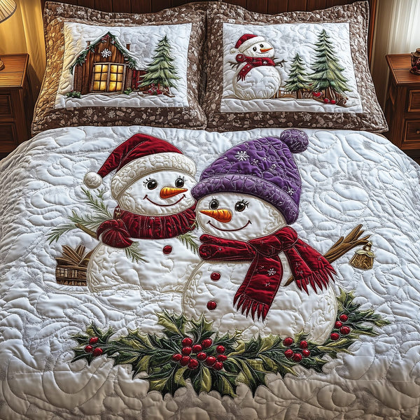 Snowman Couple quilted 3-piece bedding set on a made bed in a winter-styled bedroom