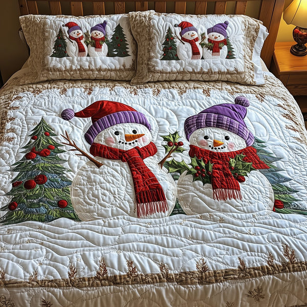 Snowman Couple quilted 3-piece bedding set on a made bed in a winter-styled bedroom