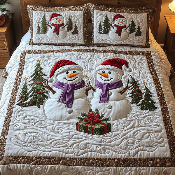 Snowman Couple quilted 3-piece bedding set on a made bed in a winter-styled bedroom