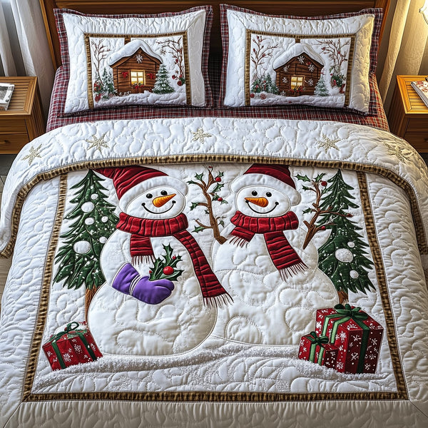 Snowman Couple quilted 3-piece bedding set on a made bed in a winter-styled bedroom