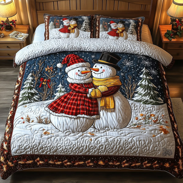 Snowman Couple quilted 3-piece bedding set on a made bed in a winter-styled bedroom