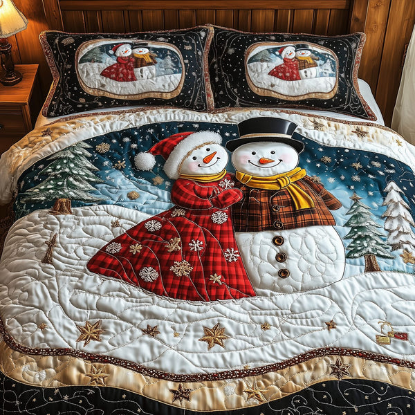 Snowman Couple quilted 3-piece bedding set on a made bed in a winter-styled bedroom