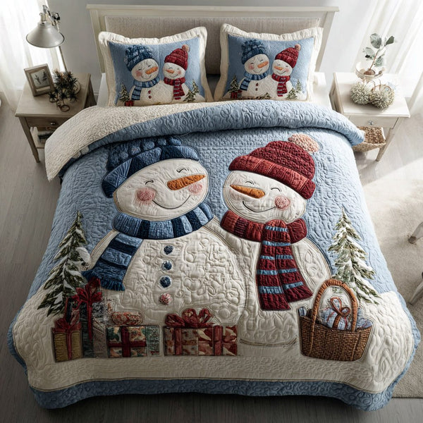 Snowman Couple quilted 3-piece bedding set on a made bed in a winter-styled bedroom