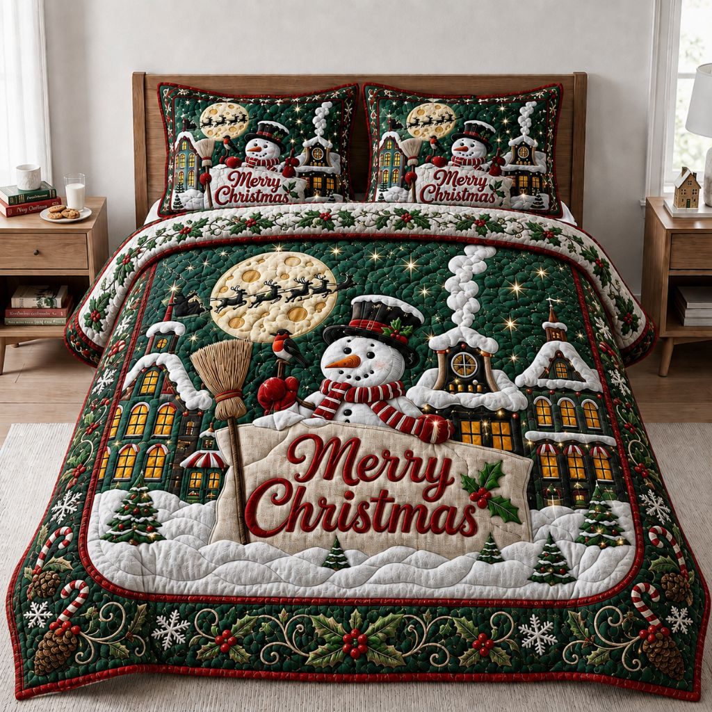 Snowman Delight quilted 3-piece bedding set on a made bed in a winter-styled bedroom