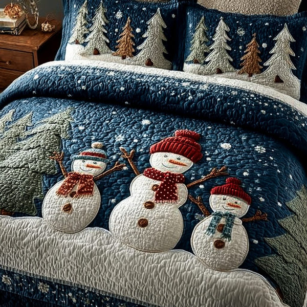 Snowman Delight quilted 3-piece bedding set on a made bed in a winter-styled bedroom