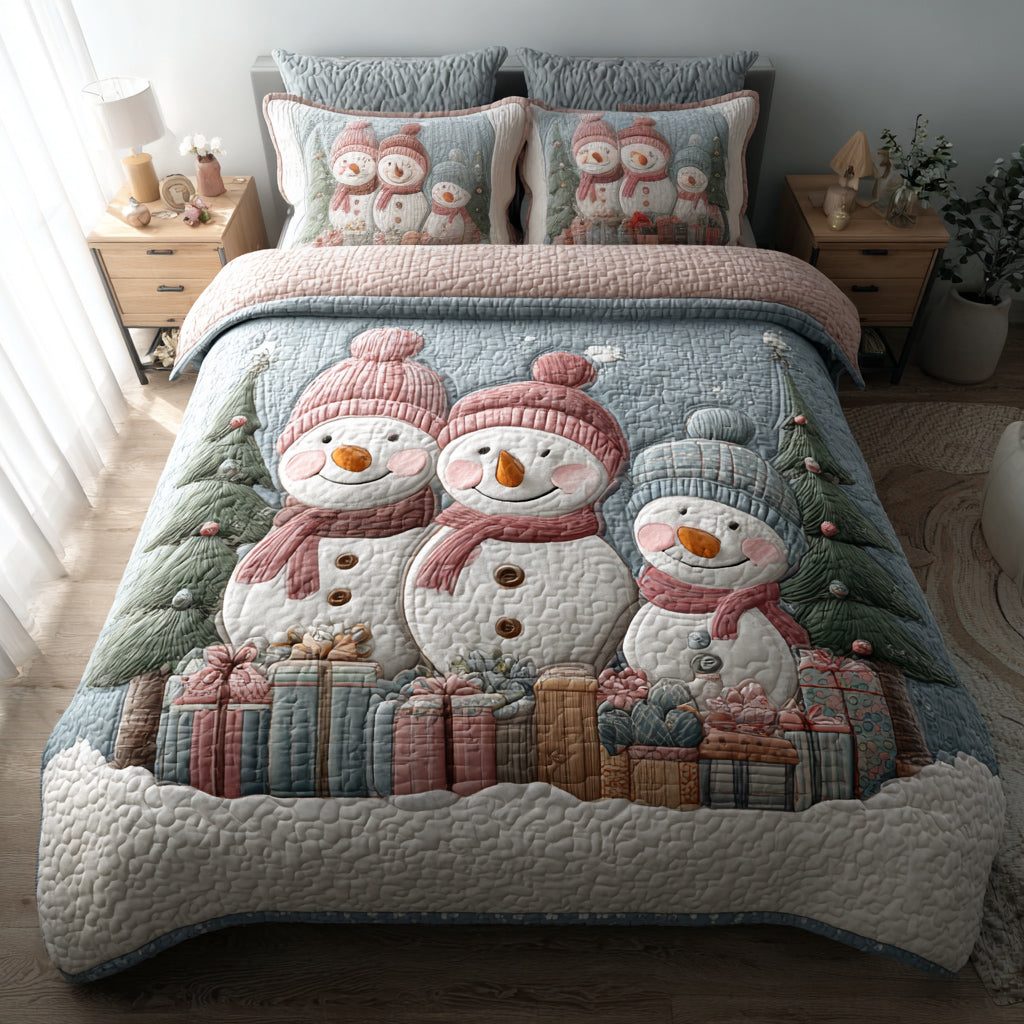 Snowman Delight quilted 3-piece bedding set on a made bed in a winter-styled bedroom