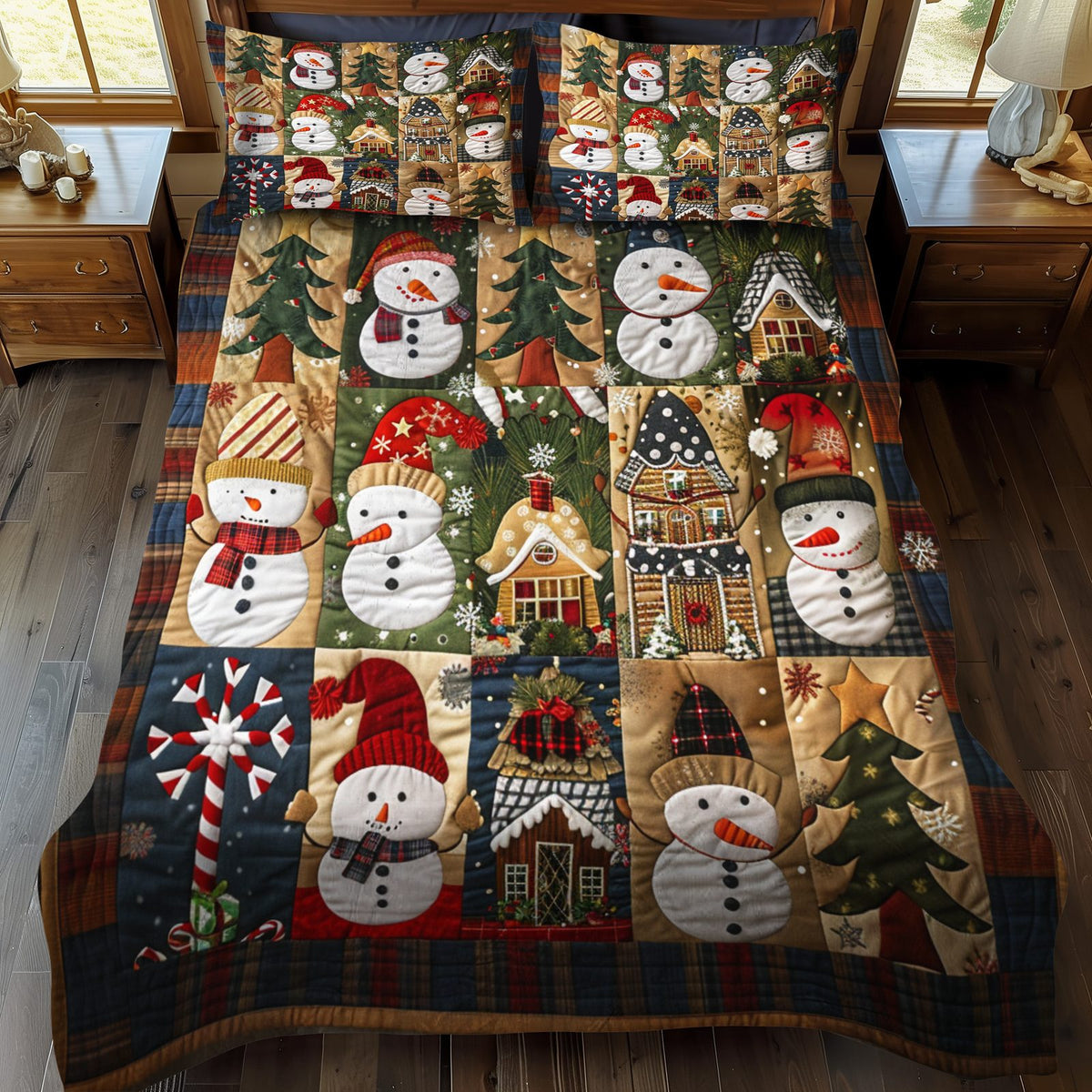 Snowman Delight quilted 3-piece bedding set on a made bed in a winter-styled bedroom