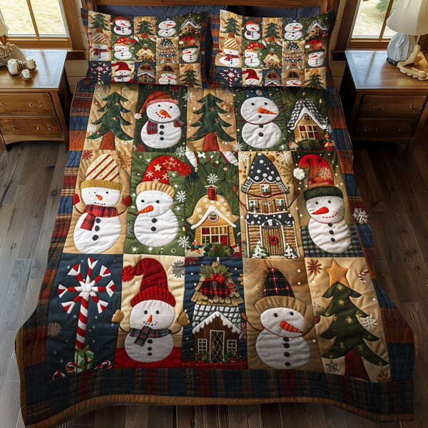 Snowman Delight quilted 3-piece bedding set on a made bed in a winter-styled bedroom