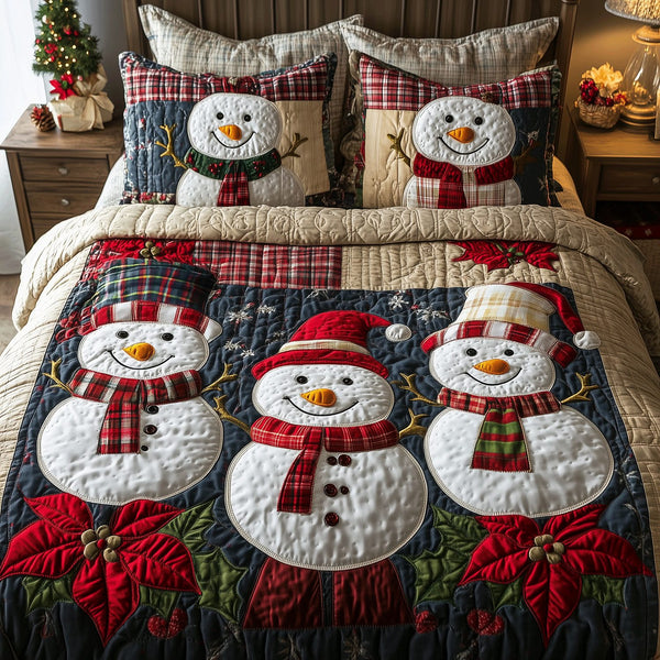 Snowman Family Fun quilted 3-piece bedding set on a made bed in a winter-styled bedroom