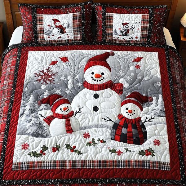 Snowman Family quilted 3-piece bedding set on a made bed in a winter-styled bedroom