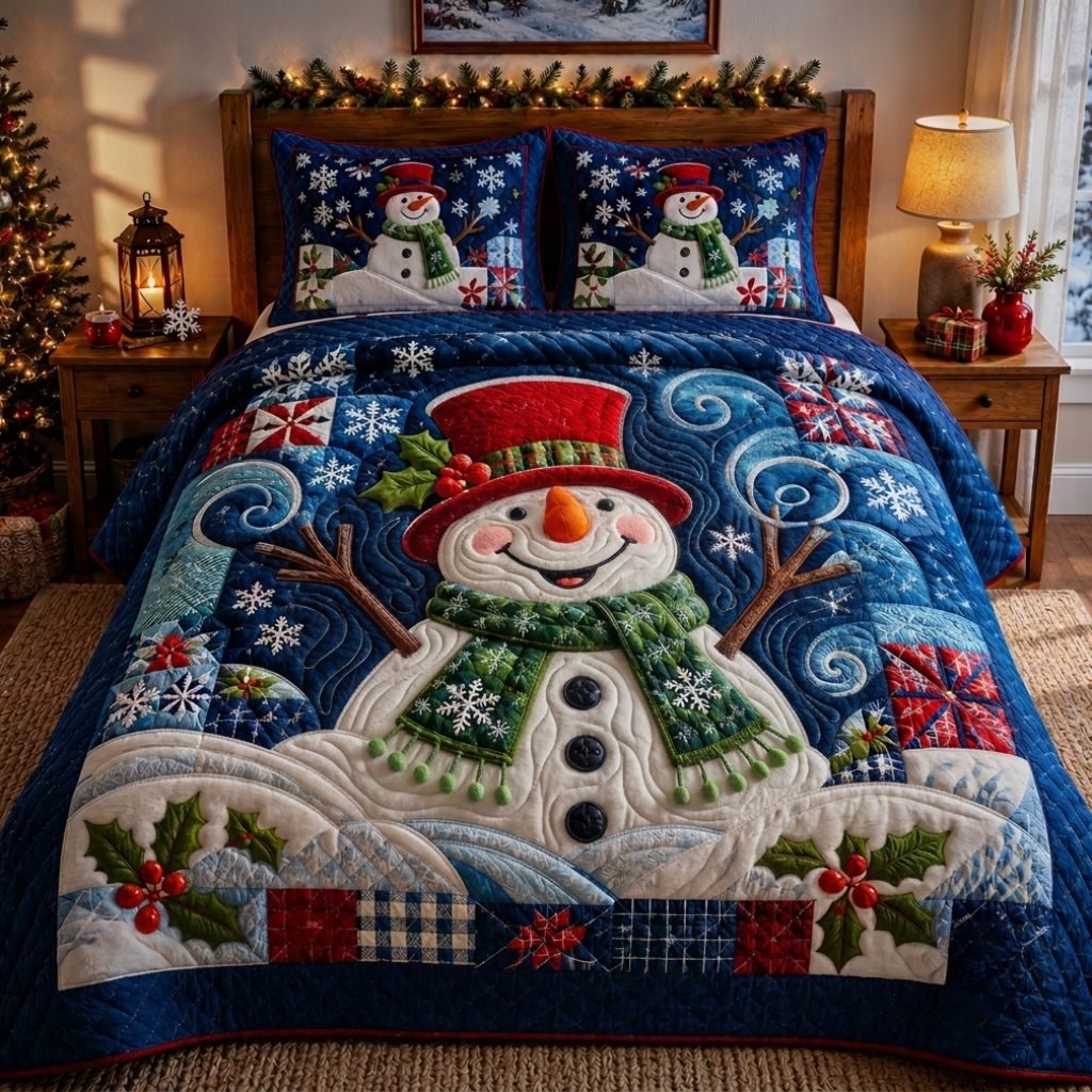 Snowman Frost quilted 3-piece bedding set on a made bed in a winter-styled bedroom