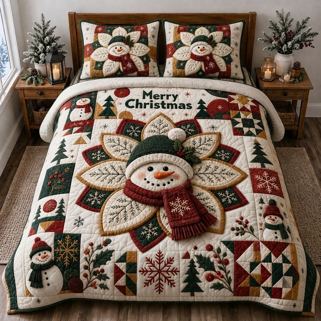 Snowman Frosty Dreams quilted 3-piece bedding set on a made bed in a winter-styled bedroom