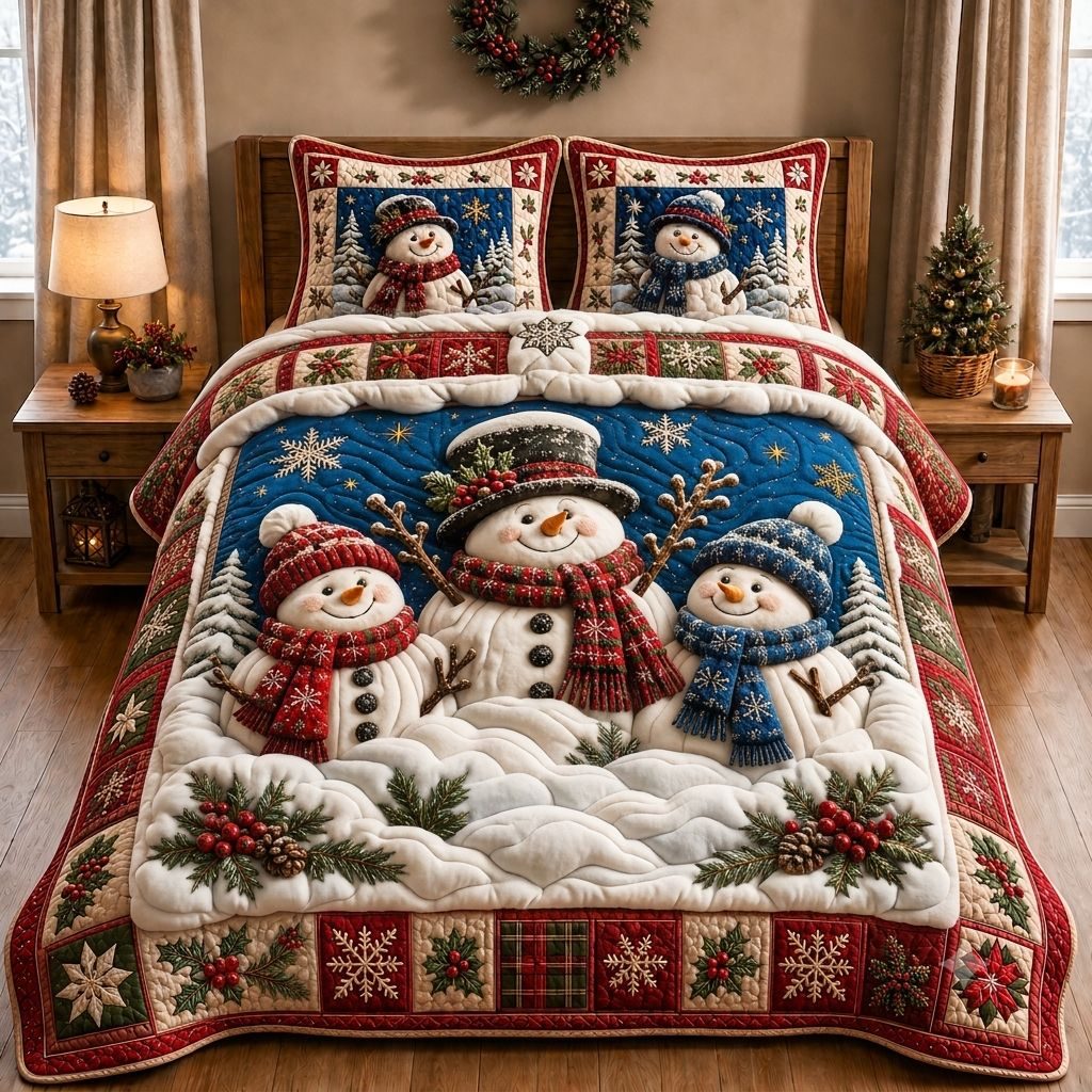 Snowman Glow quilted 3-piece bedding set on a made bed in a winter-styled bedroom
