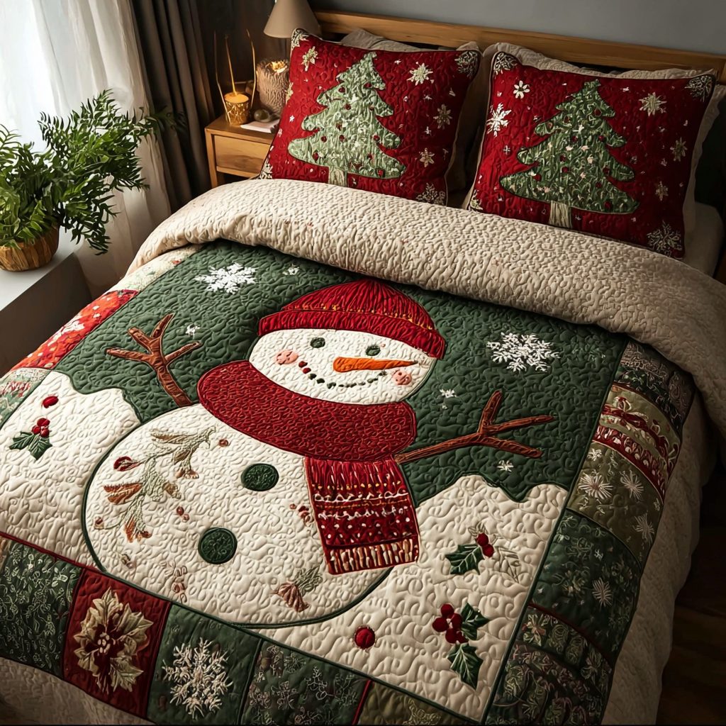 Snowman Glow quilted 3-piece bedding set on a made bed in a winter-styled bedroom