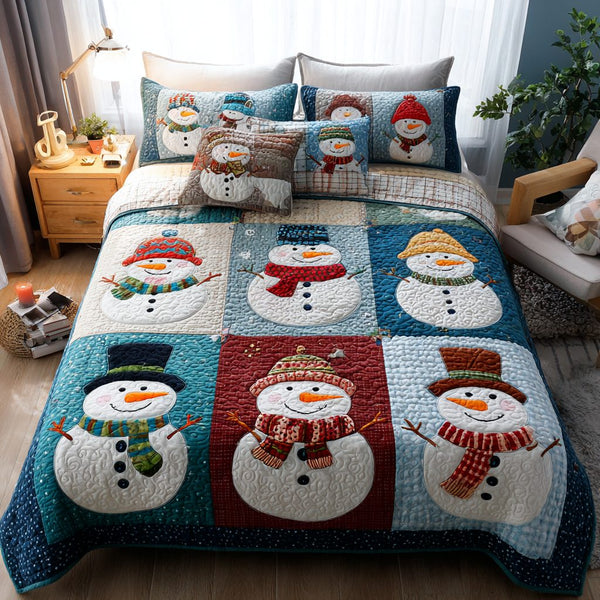 Snowman Glow quilted 3-piece bedding set on a made bed in a winter-styled bedroom