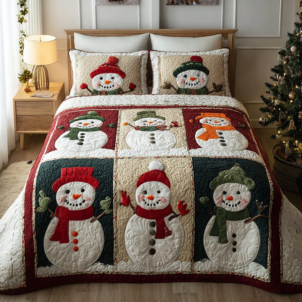 Snowman Glow quilted 3-piece bedding set on a made bed in a winter-styled bedroom
