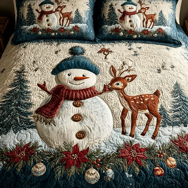 Snowman Glow quilted 3-piece bedding set on a made bed in a winter-styled bedroom