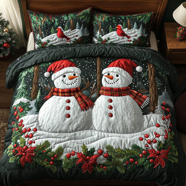 Snowman Harmony quilted 3-piece bedding set on a made bed in a winter-styled bedroom