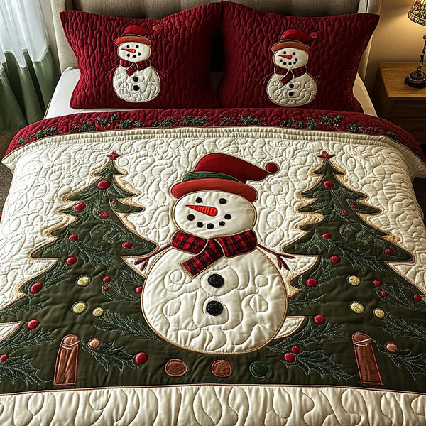 Snowman Harmony quilted 3-piece bedding set on a made bed in a winter-styled bedroom