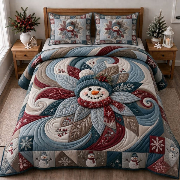 Snowman Holiday Cheer quilted 3-piece bedding set on a made bed in a winter-styled bedroom