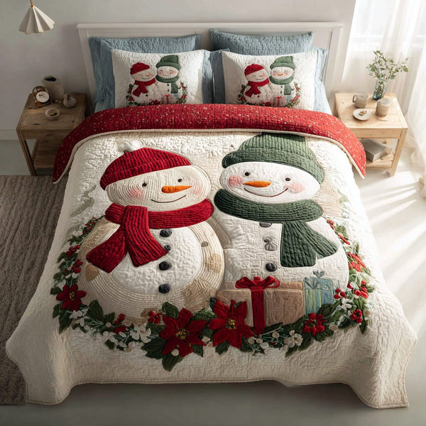 Snowman Holiday quilted 3-piece bedding set on a made bed in a winter-styled bedroom