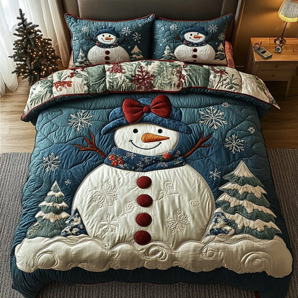 Snowman Joy quilted 3-piece bedding set on a made bed in a winter-styled bedroom