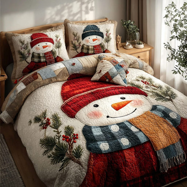 Snowman Joy quilted 3-piece bedding set on a made bed in a winter-styled bedroom