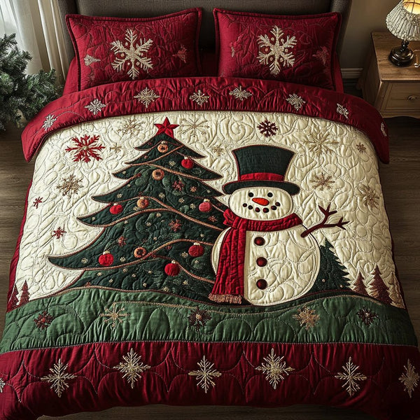 Snowman Joy quilted 3-piece bedding set on a made bed in a winter-styled bedroom